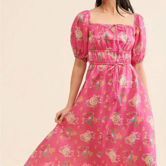 Spell Pink Floral Linen Midi Dress - Picture 1 of 4